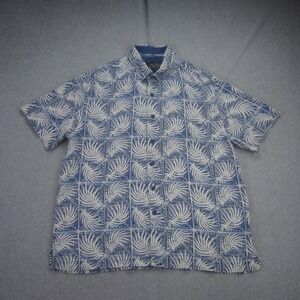 Nat Nast Shirt Mens Medium Blue White Leaf Print Short Sleeve Silk Blend Aloha